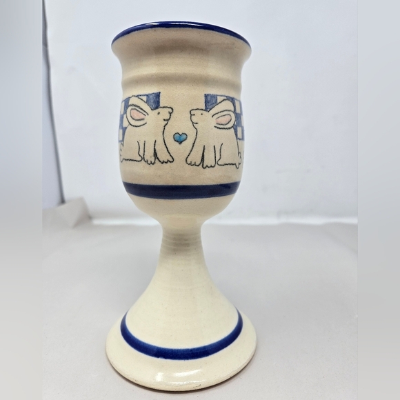 Studio Pottery Goblet Candle Holder Off White Blue Bunny Love Bird Nature Art - Picture 3 of 10